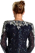 Full Sleeves Tea Length Silk Sequined Formal Dress with Slit — back in Navy/Silver