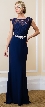 Lace Bodice Bejeweled Waist Long Formal Evening Dress