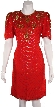 Above the Knee Short Sleeve Sequin Flowered Dress — in Red/Gold