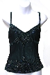Spaghetti Strapped Silk Beaded Blouse — in Black/Green