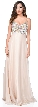 V-Neck Bejeweled Mesh Top Floor Length Formal Prom Dress — in Beige
