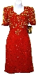 V-Neck Tea Length Formal Beaded Dress with Half Sleeves — in Red/Gold