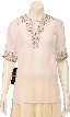 Half Sleeve Sheer Blouse with Zigzag Beading — in White/Silver