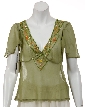 V-neck Short Sheer blouse with Sleeves — in Olive/Orange