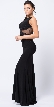 Lace Accent Sheer Waist Long Formal Evening Jersey Dress — in Black