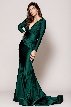V Neck Rouched Formal Dress with Long Sleeves — in Emerald Green