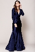 V Neck Rouched Formal Dress with Long Sleeves — in Navy