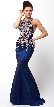 Embellished Bodice Round Neck Fit-n-Flare Long Prom Dress — in Navy