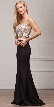 Bejeweled V-neck Mesh Top Fit-n-Flare Long Skirt Prom Dress — in Black