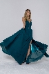 V-Neck Rhinestones Belt Front Slit Long Bridesmaid Dress — in Emerald Green