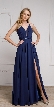V-Neck Rhinestones Belt Front Slit Long Bridesmaid Dress — in Navy
