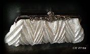 Patterned Satin Evening Bag with Metal Trim — in Off White