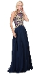 Lace Accent Sheer Mesh Bodice Long Prom Dress. — in Navy