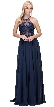 Lace Accent Sheer Mesh Top Chiffon Long Prom Dress — in Navy