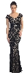 Broad V-Neck Long Formal Dress with Lace Overlay — in Black/Nude