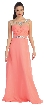 Sheer Neck Long Formal Evening Prom Dress with Rhinestones — in Coral