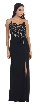 Floral Lace Beaded Bust Front Slit Long Formal Prom Dress — in Black