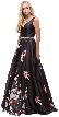 V-Neck Floral Print Rhinestones Waist A-line Long Prom Dress — in Black