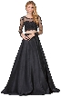 Long Sleeve Lace Top Satin Skirt Two Piece Prom Dress — in Black