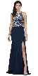 Rhinestones Mesh Top Keyhole Back Long Prom Dress — in Navy