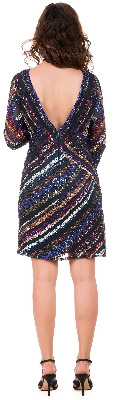 Striped Sequin Cocktail Dress with V-Neck and Long Sleeves — back view