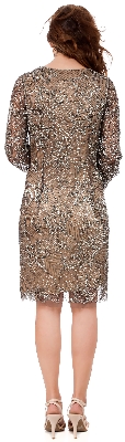 Intricate Beaded Sheath Cocktail Dress with Long Sleeves — back view