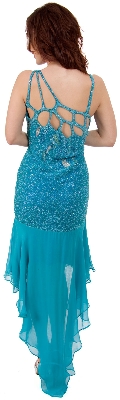 Artistic Mesh Back Beaded Party Dress with Asymmetric skirt — back view