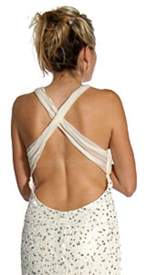 Wrap Style Shirred Bodice Formal Dress with Flared Bottom — back view