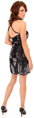 Black and Silver Geometric Sequin Criss-Cross Back Mini Dress — back view