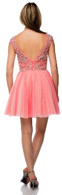 Bejeweled Short Party Prom Dress with Mesh Skirt — back view