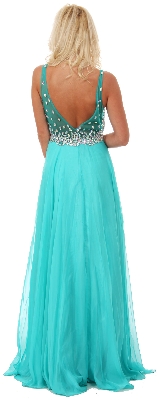 V-Neck Bejeweled Mesh Top Floor Length Formal Prom Dress — back view