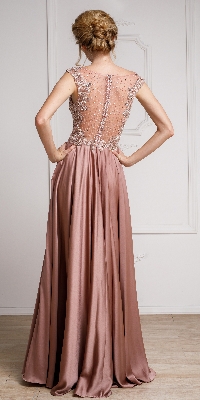 Embellished Sheer Top Long Prom Pageant Satin Dress — back view