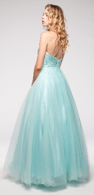 V-Neck Satin Bodice Puffy Mesh Skirt Formal Prom Dress — back view