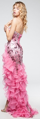 Strapless High-Low Sequined Prom Dress with Ruffled Skirt — back view