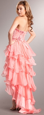 Strapless High-Low Cocktail Prom Dress with Ruffled Skirt — back view