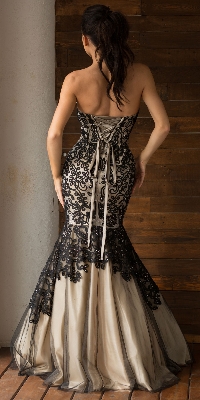 Strapless Ribbon Pattern Mesh Mermaid Long Prom Dress — back view