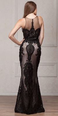 Beads & Lace Accent Long Fitted Formal Prom Pageant Dress — back view