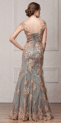 V-Neck Floral Embellishments Mesh Long Prom Pageant Dress — back view