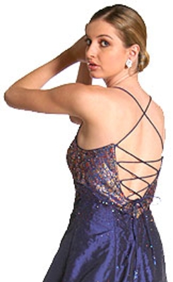 Criss Crossed Brocade Beaded Formal Prom Dress — back view