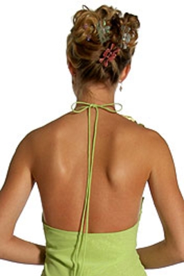 Cowl Neck Halter Prom Dress with Tiered Hemline — back view