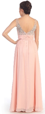 Bejeweled Mesh Top Long Formal Prom Dress — back view