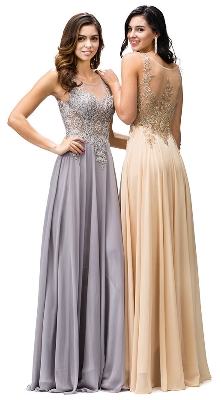Jewel Embellished Sheer Mesh Top Chiffon Prom Dress — back view