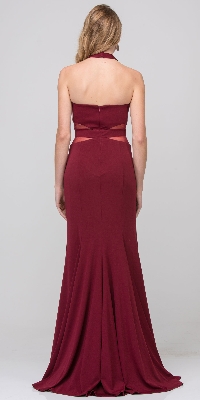 Halter Neck Mesh Panels Front Slit Long Formal Prom Dress — back view
