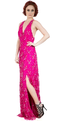 Column Gown with V-Neck and Beaded Embroidery