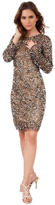 Intricate Beaded Sheath Cocktail Dress with Long Sleeves