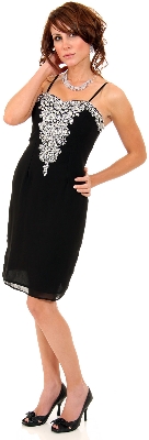 Black Crystal-Embellished Sweetheart Silk Sheath Cocktail Dress