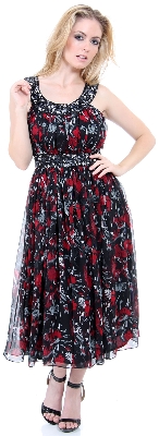 Black and Red Print Chiffon Midi Dress with Jeweled Empire Waist