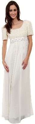 Floral Waistline Detail Short Sleeved Long Formal Gown