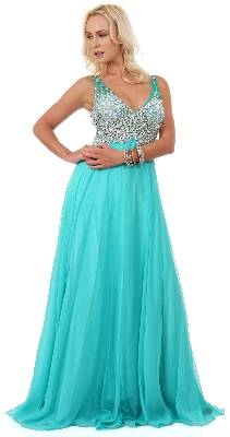 V-Neck Bejeweled Mesh Top Floor Length Formal Prom Dress