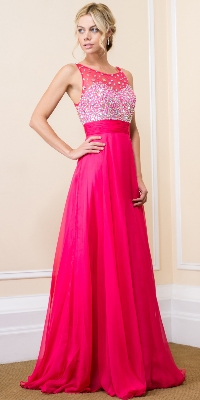 Jeweled Mesh Top Floor Length Formal Prom Dress